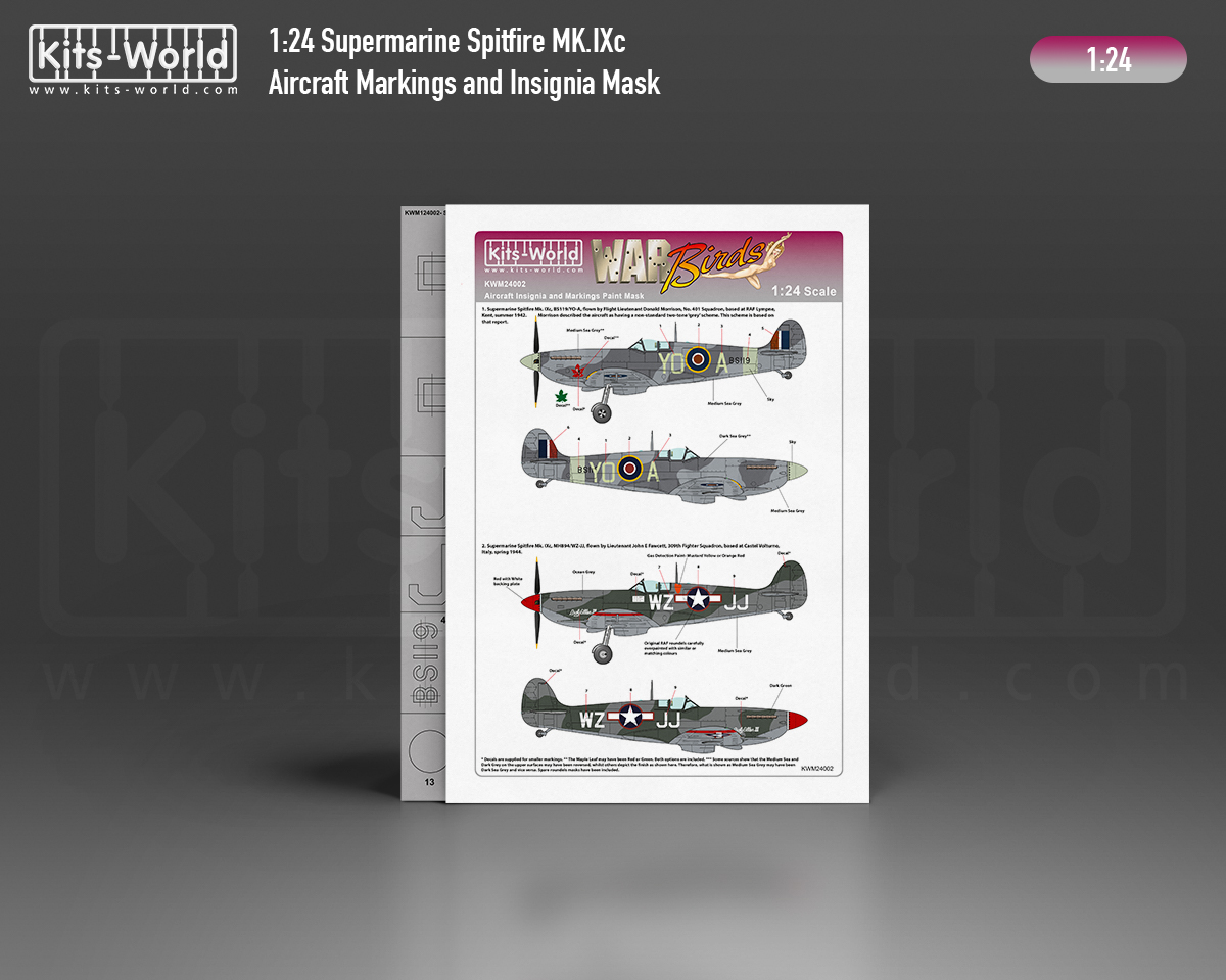 Kitsworld Kitsworld - 1:24 Scale Paint Mask Supermarine Spitfire Mk. IXc KWM24002 BS119/YO-A, 401 Squadron. MH894/WZ-JJ, 309th Fighter Squadron 